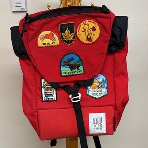 TOPO Designs Red Y-Pack Backpack with Patches